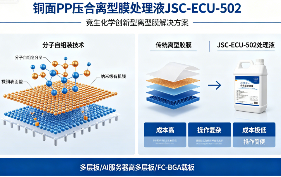  铜面PP压合离型膜处理液JSC-ECU-502 | 低成本分子离型膜，替代传统离型胶膜